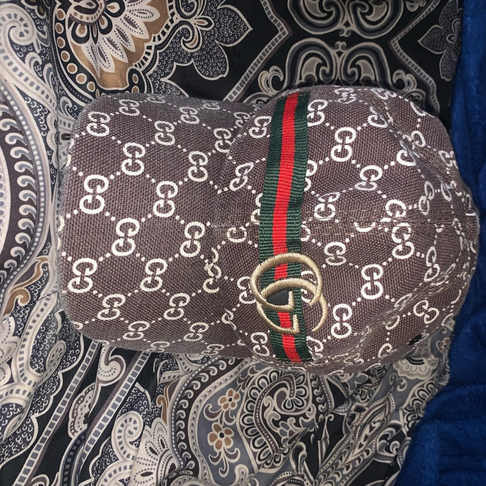 Brown Patterned Cap with Red and Green Stripe